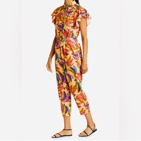 FARM Rio Pink Cream Ruffled Mandarin Collar Jumpsuit - Picture 11 of 12